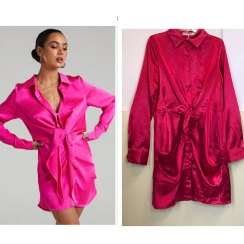 Morrisday NEW Satin Ruched Shirt Dress Ruby Fuchsia Wrap Button Up Ties Preppy S